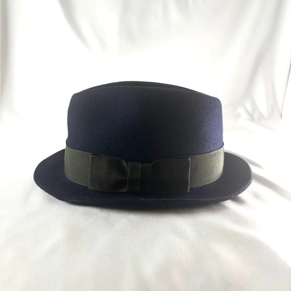 Paul Smith Vintage Wool Felt Fedora Hat • Navy Blue Ribbon Trim • Classic Preppy
